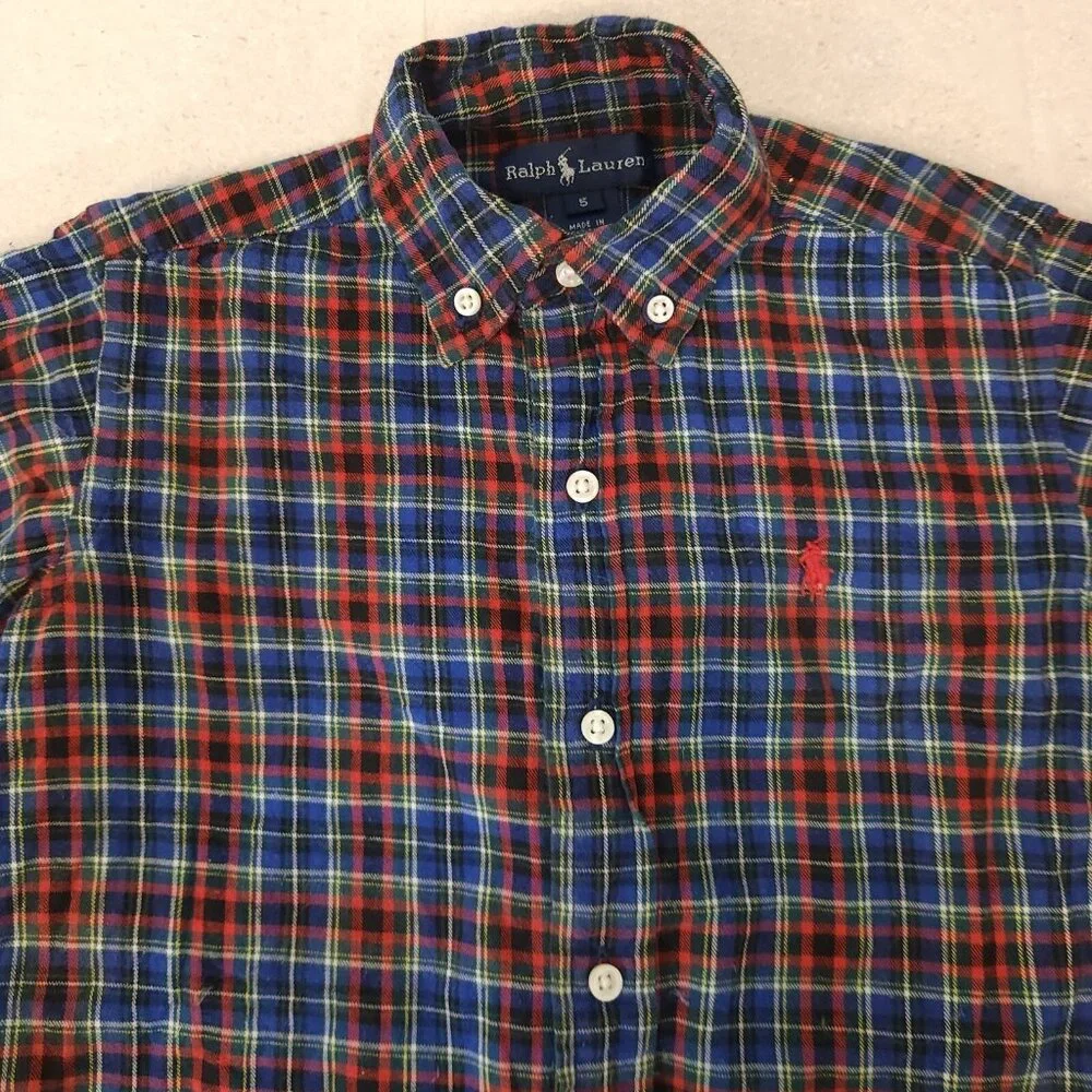Ralph Lauren Plaid Button Down Shirt Blue Cotton Long‎ Sleeve Boys Size 5 EUC